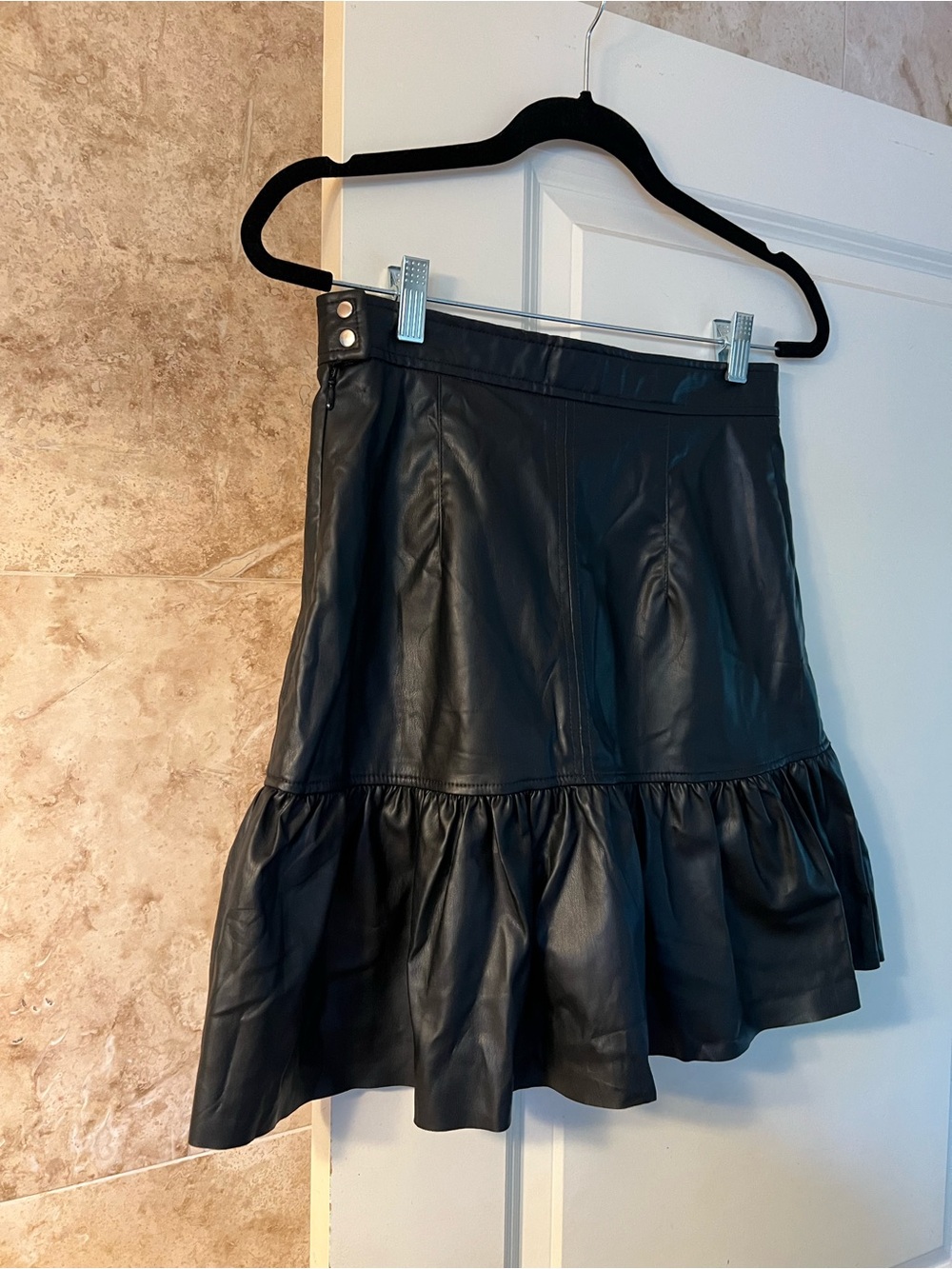 Black Faux Leather Mini Skirt with Ruffle Hem